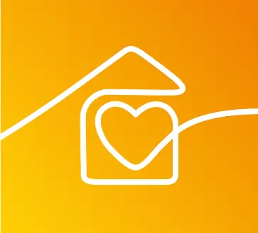 Linea blanca sobre fondo naranja formando la forma de una casa con un corazón en el centro